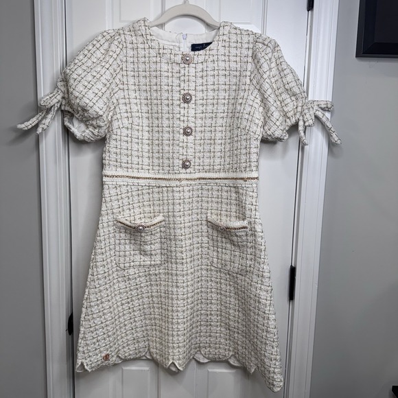 Simply Southern Dresses & Skirts - Simply Southern Tweed Dress Size S White Gold Pearl Button Puff Sleeve